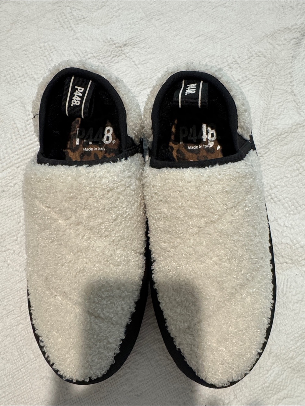 P448 Cream Sherpa Slip-On Loafers with Black Trim